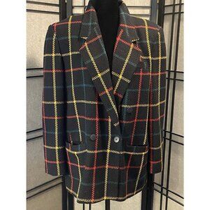NORTON MCNAUGHTON Wool Blend Blazer Womens Sz 14 Black Plaid Pockets Lined